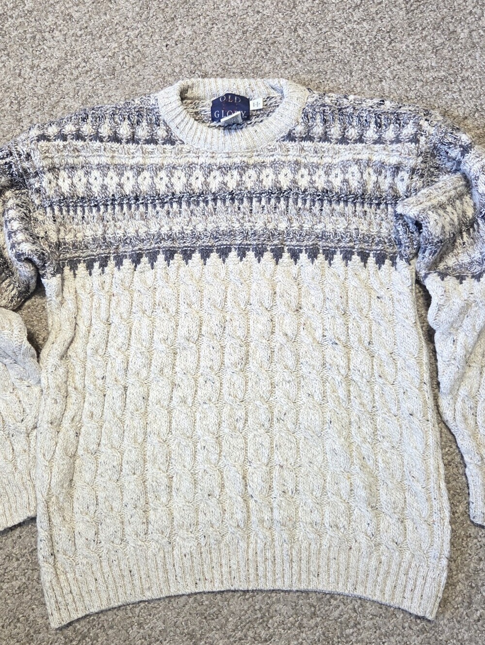 Vtg 90s Old Glory Chunky Fisherman Sweater Cable Knit Mens L Wool Blend USA Made